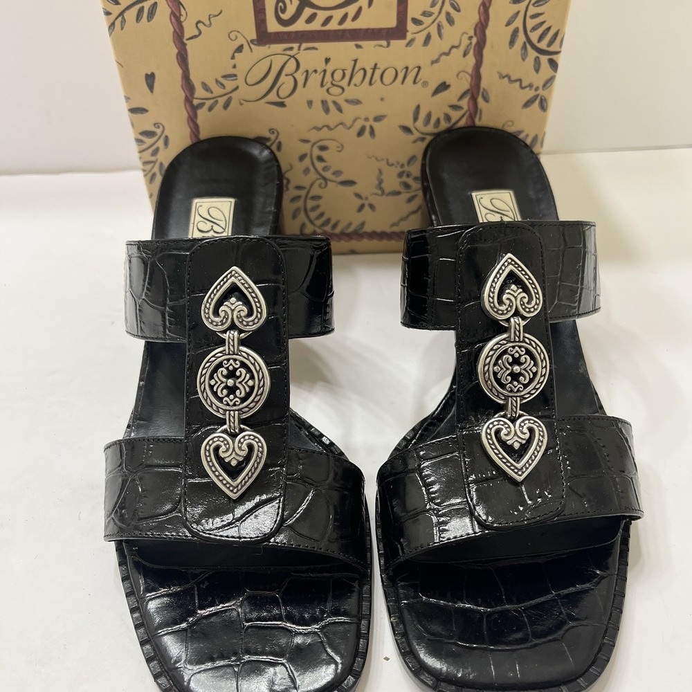 Vintage Brighton Croc-Embossed Leather Slide Sandals Silver-Tone Heart Conchos 7